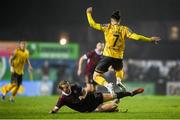 16 February 2024; David Hurley of Galway United in action against Ruairi Keating of St Patrick's Athletic during the SSE Airtricity Men's Premier Division match between Galway United and St Patrick's Athletic at Eamonn Deacy Park in Galway. Photo by Seb Daly/Sportsfile