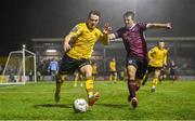 16 February 2024; Carl Axel Sjoberg of St Patrick's Athletic in action against Regan Donelon of Galway United during the SSE Airtricity Men's Premier Division match between Galway United and St Patrick's Athletic at Eamonn Deacy Park in Galway. Photo by Seb Daly/Sportsfile