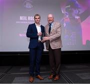 16 February 2024; Neil Rock of Northern Knights is presented with the HBV Studios InterPro Player of the Year award by Heatley Tector during the 12th Business Plus Irish Cricket Awards 2024 at Clontarf Castle Hotel in Dublin. Photo by Matt Browne/Sportsfile