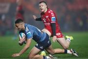 16 February 2024; Shay McCarthy of Munster scores a try during the United Rugby Championship match between Scarlets and Munster at Parc y Scarlets in Llanelli, Wales. Photo by Gruffydd Thomas/Sportsfile
