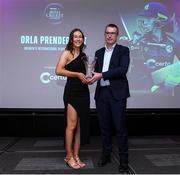 16 February 2024; Ireland International Orla Prendergast who was presented with the Certa International Women's Player of The Year award by Andrew Graham from Certa during the 12th Business Plus Irish Cricket Awards 2024 at Clontarf Castle Hotel in Dublin. Photo by Matt Browne/Sportsfile