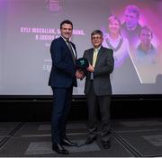 16 February 2024; Former Irish International Kyle McCallan is presented with the Cricket Writers of Ireland Hall of Fame award by Ian Callendar during the 12th Business Plus Irish Cricket Awards 2024 at Clontarf Castle Hotel in Dublin. Photo by Matt Browne/Sportsfile