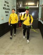 16 February 2024; Wexford players Aaron Robinson, right, and Aaron Dobbs arrive before the SSE Airtricity Men's First Division match between Athlone Town and Wexford at Athlone Town Stadium in Westmeath. Photo by Michael P Ryan/Sportsfile