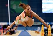 17 February 2024; Leagh Moloney of Dooneen AC, Limerick, competing in the senior women's long jump during day one of the 123.ie National Senior Indoor Championships at the Sport Ireland National Indoor Arena in Dublin. Photo by Tyler Miller/Sportsfile