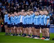 17 February 2024; Dublin players during a minutes silence in memory of the late Dublin selector Shane O'Hanlon before the Allianz Football League Division 1 match between Dublin and Roscommon at Croke Park in Dublin. Photo by Ray McManus/Sportsfile