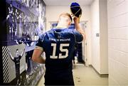 17 February 2024; Henry McErlean of Leinster puts on his first Leinster cap after making his debut in the United Rugby Championship match between Leinster and Benetton at the RDS Arena in Dublin. Photo by Harry Murphy/Sportsfile