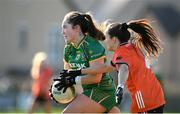 18 February 2024; Meadhbh Byrne of Meath in action against Roisin Mulligan of Armagh during the Lidl LGFA National League Division 1 Round 4 match between Meath and Armagh at Donaghmore Ashbourne GAA Club in Ashbourne, Meath. Photo by Seb Daly/Sportsfile