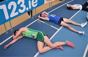 18 February 2024; Noah Harris of Parnell AC, Wicklow, left, and  Eoghan Mcelhinney of Bantry AC, Cork, after competing in the senior men's 3000m final during day two of the 123.ie National Senior Indoor Championships at the Sport Ireland National Indoor Arena in Dublin. Photo by Tyler Miller/Sportsfile