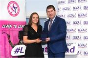 17 February 2024; Pictured at the Learn to Lead LGFA Female Leadership Programme graduation ceremony at The Bonnington Hotel in Dublin is Orla McHale from Moy Davitts LGFA, Co Mayo, with Ladies Gaelic Football Association President, Mícheál Naughton. The Learn to Lead programme was devised to develop the next generation of leaders within Ladies Gaelic Football. Photo by Matt Browne/Sportsfile