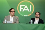 20 February 2024; FAI director of football Marc Canham and FAI grassroots director Ger McDermott, right, during a media briefing for the FAI's Football Pathways Plan at Aviva Stadium in Dublin. Photo by Stephen McCarthy/Sportsfile