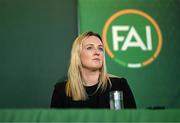 20 February 2024; FAI director of marketing and communications Louise Cassidy during a media briefing for the FAI's Football Pathways Plan at Aviva Stadium in Dublin. Photo by Stephen McCarthy/Sportsfile