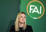 20 February 2024; FAI director of marketing and communications Louise Cassidy during a media briefing for the FAI's Football Pathways Plan at Aviva Stadium in Dublin. Photo by Stephen McCarthy/Sportsfile
