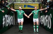 23 February 2024; Oli Jager and Ciarán Frawley walk out during an Ireland rugby captain's run at the Aviva Stadium in Dublin. Photo by Harry Murphy/Sportsfile