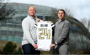 23 February 2024; Georgia Tech head coach Brent Key, left, and director of athletics J Batt during the Aer Lingus College Football Classic 2024 media day at the Aviva Stadium in Dublin. Photo by Seb Daly/Sportsfile