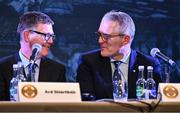 23 February 2024; Ard Stiúrthóir of the GAA Tom Ryan, left, and Uachtarán Tofa Chumann Lúthchleas Gael Jarlath Burns during the GAA Congress at Canal Court Hotel in Newry, Down Photo by Piaras Ó Mídheach/Sportsfile