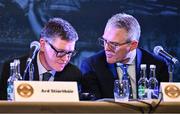 23 February 2024; Ard Stiúrthóir of the GAA Tom Ryan, left, and Uachtarán Tofa Chumann Lúthchleas Gael Jarlath Burns during the GAA Congress at Canal Court Hotel in Newry, Down Photo by Piaras Ó Mídheach/Sportsfile