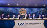 23 February 2024; The top table, from left, GAA trustee John Joe O'Carroll, GAA trustee Ned Quinn, Ulster GAA president Ciarán McLoughlin, Leinster Council Chairman Derek Kent, Uachtarán Chumann Lúthchleas Gael Larry McCarthy, Ard Stiúrthóir of the GAA Tom Ryan, Uachtarán Tofa Chumann Lúthchleas Gael Jarlath Burns, Munster GAA Chairman Ger Ryan and Connacht GAA Council President John Murphy during the GAA Congress at Canal Court Hotel in Newry, Down. Photo by Piaras Ó Mídheach/Sportsfile