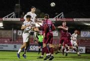 23 February 2024; Dylan Hand of Athlone Town has a header on goal during the SSE Airtricity Men's First Division match between Cobh Ramblers and Athlone Town at Turner's Cross in Cork. Photo by Michael P Ryan/Sportsfile