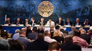 24 February 2024; The top table, from left, GAA trustee John Joe O'Carroll, GAA trustee Ned Quinn, Ulster GAA president Ciarán McLoughlin, Leinster Council Chairman Derek Kent, Uachtarán Chumann Lúthchleas Gael Larry McCarthy, Ard Stiúrthóir of the GAA Tom Ryan, Uachtarán Tofa Chumann Lúthchleas Gael Jarlath Burns, Munster GAA Chairman Ger Ryan, Connacht GAA Council President John Murphy and Britain GAA president Noel O'Sullivan during the GAA Congress at Canal Court Hotel in Newry, Down. Photo by Piaras Ó Mídheach/Sportsfile