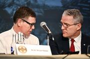 24 February 2024; Ard Stiúrthóir of the GAA Tom Ryan, left, and Uachtarán Tofa Chumann Lúthchleas Gael Jarlath Burns during the GAA Congress at Canal Court Hotel in Newry, Down. Photo by Piaras Ó Mídheach/Sportsfile