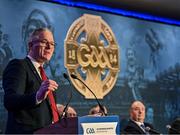 24 February 2024; Uachtarán Chumann Lúthchleas Gael Jarlath Burns during the GAA Congress at Canal Court Hotel in Newry, Down. Photo by Piaras Ó Mídheach/Sportsfile