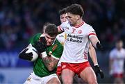 24 February 2024; Jordan Flynn of Mayo is tackled by Michael McKernan of Tyrone during the Allianz Football League Division 1 match between Tyrone and Mayo at O'Neills Healy Park in Omagh, Tyrone. Photo by Ben McShane/Sportsfile