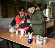 25 February 2024; Kilkenny Maor Thomas O'Reilly, from Moneenroe Castlecomer in Kilkenny, and former Central Council Delegate Kevin Bell, from The Ards in Down, enjoy a chat over a cup of tea before the Allianz Hurling League Division 1 Group A match between Kilkenny and Offaly at UPMC Nowlan Park in Kilkenny. Photo by Ray McManus/Sportsfile