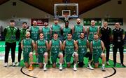 25 February 2024; The Ireland team and coaches before the FIBA Basketball World Cup 2027 European Pre-Qualifiers first round match between Ireland and Switzerland at the National Basketball Arena in Tallaght, Dublin. Photo by David Fitzgerald/Sportsfile