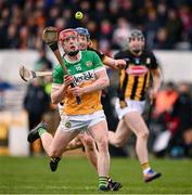 25 February 2024; Charlie Mitchell of Offaly is tackled by John Donnelly of Kilkenny during the Allianz Hurling League Division 1 Group A match between Kilkenny and Offaly at UPMC Nowlan Park in Kilkenny. Photo by Ray McManus/Sportsfile