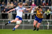 25 February 2024; Stephen Mooney of Monaghan takes a shot on goal despite the challenge of Eoin McCormack of Roscommon during the Allianz Football League Division 1 match between Roscommon and Monaghan at Dr Hyde Park in Roscommon. Photo by Daire Brennan/Sportsfile