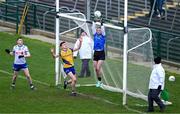 25 February 2024; Darren McDonnell of Monaghan catches the ball before Shane Cunnane of Roscommon scores his side's first goal during the Allianz Football League Division 1 match between Roscommon and Monaghan at Dr Hyde Park in Roscommon. Photo by Daire Brennan/Sportsfile