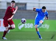 24 February 2024; Sam Conway of Dublin & District Schoolboys League has an attempt on goal during the FAI Youth Inter League Cup final match between Dublin & District Schoolboys League and Galway Football Association at Athlone Town Stadium in Westmeath. Photo by Tyler Miller/Sportsfile