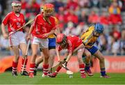 8 September 2013; Ciara Murphy, from St. Olaf's N.S. Dundrum, Co. Dublin, representing Cork, in action against Lorna Foley, from Bunscoil Bhóthar na Naoimh, Lismore, Co. Waterford, representing Clare. INTO/RESPECT Exhibition GoGames during the GAA Hurling All-Ireland Senior Championship Final between Cork and Clare, Croke Park, Dublin. Photo by Sportsfile