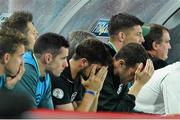 10 September 2013; Republic of Ireland's Shane Long and John O'Shea react in the dug out after Austria's David Alaba scored his side's first goal. 2014 FIFA World Cup Qualifier, Group C, Austria v Republic of Ireland, Ernst Happel Stadion, Vienna, Austria. Picture credit: David Maher / SPORTSFILE