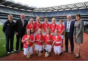 8 September 2013; Uachtarán Chumann Lúthchleas Gael Liam Ó Néill, left, INTO President Breandán Ó Suilleabháin, President of the Camogie Association Aileen Lawlor, with the the Cork camogie team, back row, left to right, Katie Condon, Aisling O'Donovan, Róisín Roche, Sara Kelly, Shanise Fitzsimons, front row, left to right, Emma Louise Clancy, Ciara Murphy, Eimhear Colton, Áine Conway. INTO/RESPECT Exhibition GoGames during the GAA Hurling All-Ireland Senior Championship Final between Cork and Clare, Croke Park, Dublin. Picture credit: Dáire Brennan / SPORTSFILE