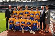 8 September 2013; Uachtarán Chumann Lúthchleas Gael Liam Ó Néill, left, INTO President Breandán Ó Suilleabháin, President of the Camogie Association Aileen Lawlor, with the Clare team, back row, left to right, Luke Mallion, Danny O'Leary, Nathan Earner, Ciarán Doherty, Maitiú O'Donohoe, front row, left to right, Thomas Brennan, Jack Corry, Seán Murnane, James Grogan, Gareth Gifford. INTO/RESPECT Exhibition GoGames during the GAA Hurling All-Ireland Senior Championship Final between Cork and Clare, Croke Park, Dublin. Picture credit: Dáire Brennan / SPORTSFILE