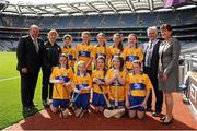 8 September 2013; Uachtarán Chumann Lœthchleas Gael Liam î NŽill, left, INTO President Breandán î Suilleabháin, President of the Camogie Association Aileen Lawlor, with the Clare camogie team, back row, left to right, Meadbh Scally, Saoirse Byrne-Somesan, Lorna Foley, Louise O'Callaghan, MairŽad Comer, front row, left to right, Eimear Duffy, Christine Kirk, Tara Bolger, Sasha Maguire, Grace O'Halloran. INTO/RESPECT Exhibition GoGames during the GAA Hurling All-Ireland Senior Championship Final between Cork and Clare, Croke Park, Dublin. Picture credit: Dáire Brennan / SPORTSFILE