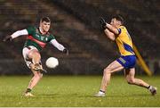 2 March 2024; Jordan Flynn of Mayo in action against Diarmuid Murtagh of Roscommon during the Allianz Football League Division 1 match between Mayo and Roscommon at Hastings Insurance MacHale Park in Castlebar, Mayo. Photo by Piaras Ó Mídheach/Sportsfile
