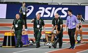 2 March 2024; Aleia Hobbs of USA is brought from the track after suffering an injury before the Women's 60m Final day two of the World Indoor Athletics Championships 2024 at Emirates Arena in Glasgow, Scotland. Photo by Sam Barnes/Sportsfile
