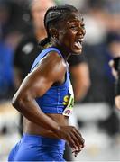 2 March 2024; Julien Alfred of Saint Lucia celebrates after winning the Women's 60m Final on day two of the World Indoor Athletics Championships 2024 at Emirates Arena in Glasgow, Scotland. Photo by Sam Barnes/Sportsfile