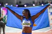 2 March 2024; Julien Alfred of Saint Lucia celebrates after winning the Women's 60m Final on day two of the World Indoor Athletics Championships 2024 at Emirates Arena in Glasgow, Scotland. Photo by Sam Barnes/Sportsfile