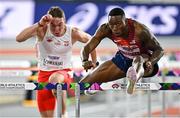 2 March 2024; Grant Holloway of USA on his way to winning the Men's 60m Hurdles Final on day two of the World Indoor Athletics Championships 2024 at Emirates Arena in Glasgow, Scotland. Photo by Sam Barnes/Sportsfile