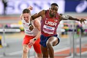 2 March 2024; Grant Holloway of USA on his way to winning the Men's 60m Hurdles Final on day two of the World Indoor Athletics Championships 2024 at Emirates Arena in Glasgow, Scotland. Photo by Sam Barnes/Sportsfile