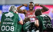 2 March 2024; Grant Holloway of USA poses for photographers after winning the Men's 60m Hurdles Final on day two of the World Indoor Athletics Championships 2024 at Emirates Arena in Glasgow, Scotland. Photo by Sam Barnes/Sportsfile