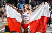 2 March 2024; Ewa Swoboda of Poland celebrates after finishing second in the Women's 60m Final on day two of the World Indoor Athletics Championships 2024 at Emirates Arena in Glasgow, Scotland. Photo by Sam Barnes/Sportsfile