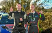 3 March 2024; Monaghan's Sam Moffett and James O'Reilly celebrate after winning the Mayo Stages Rally Round 1 of the Triton Showers National Rally Championship in Ballina,in Mayo. Photo by Philip Fitzpatrick/Sportsfile