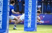 5 March 2024; Charlie Moloney of Blackrock College scores his side's first try during the Bank of Ireland Leinster Schools Senior Cup semi-final match between Blackrock College and St Mary's College at Energia Park in Dublin. Photo by Daire Brennan/Sportsfile