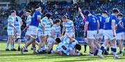 5 March 2024; Niall Smyth of Blackrock College celebrates after scoring his side's third try during the Bank of Ireland Leinster Schools Senior Cup semi-final match between Blackrock College and St Mary's College at Energia Park in Dublin. Photo by Daire Brennan/Sportsfile