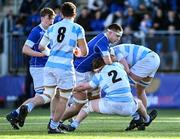 5 March 2024; Aaron O’Brien of St Mary’s College is tackled by Jack Pollard of Blackrock College during the Bank of Ireland Leinster Schools Senior Cup semi-final match between Blackrock College and St Mary's College at Energia Park in Dublin. Photo by Daire Brennan/Sportsfile