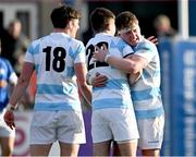 5 March 2024; Paddy Clancy of Blackrock College, left, and Jack Pollard celebrate after the Bank of Ireland Leinster Schools Senior Cup semi-final match between Blackrock College and St Mary's College at Energia Park in Dublin. Photo by Daire Brennan/Sportsfile